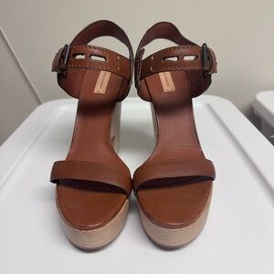 Reed Krakoff Brown Leather Buckle Wood Platform Heels Sandals Size 40.5